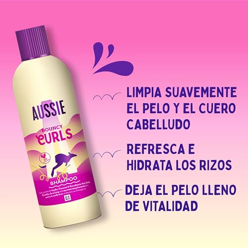 Aussie Bouncy Curls Champú 300ml + Mascarilla 500ml + Crema 160ml. Hidrata el Pelo. Con Aceites de Jojoba, Coco y Macada