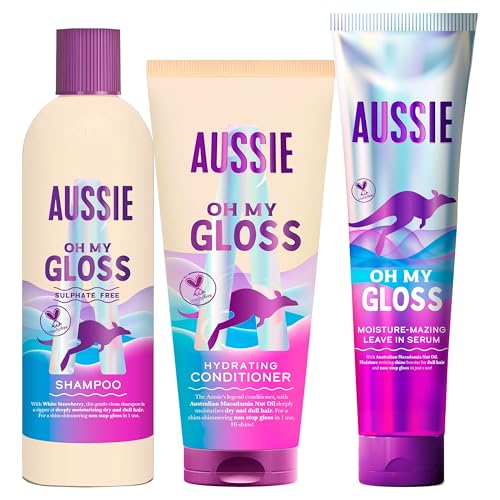 Aussie Oh My Gloss Champú 300ml + Acondicionador 200ml + Sérum Sin Aclarado 160ml + Hidrata Profundamente el Pelo Seco y