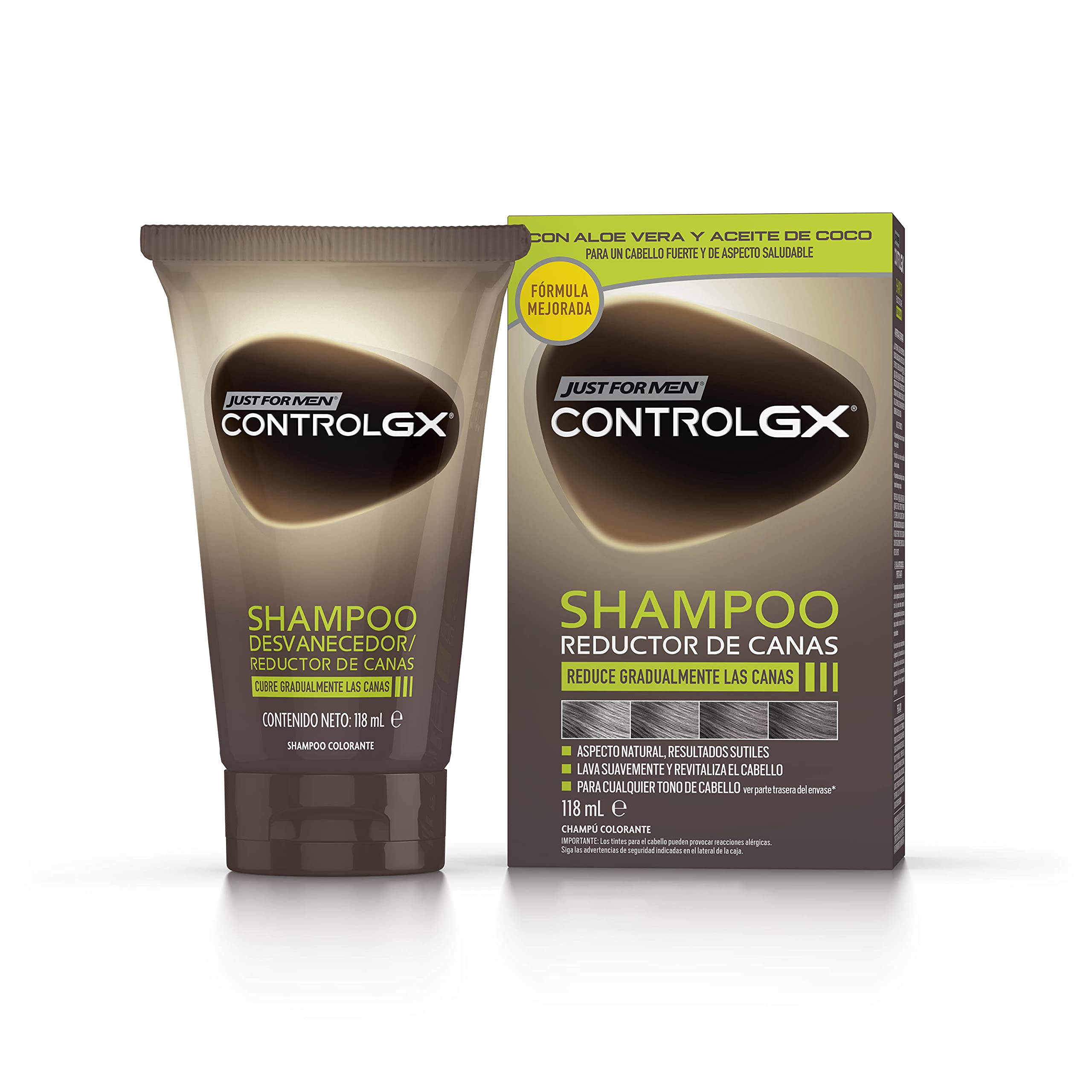 CONTROL GX CHAMPÚ Y TINTE DE PELÓ DE JOVENIZACIÓN PARA HOMBRE, REDUCE EL CABELLO GRIS EN CADA LAVADO, CON ACEITE DE COCO