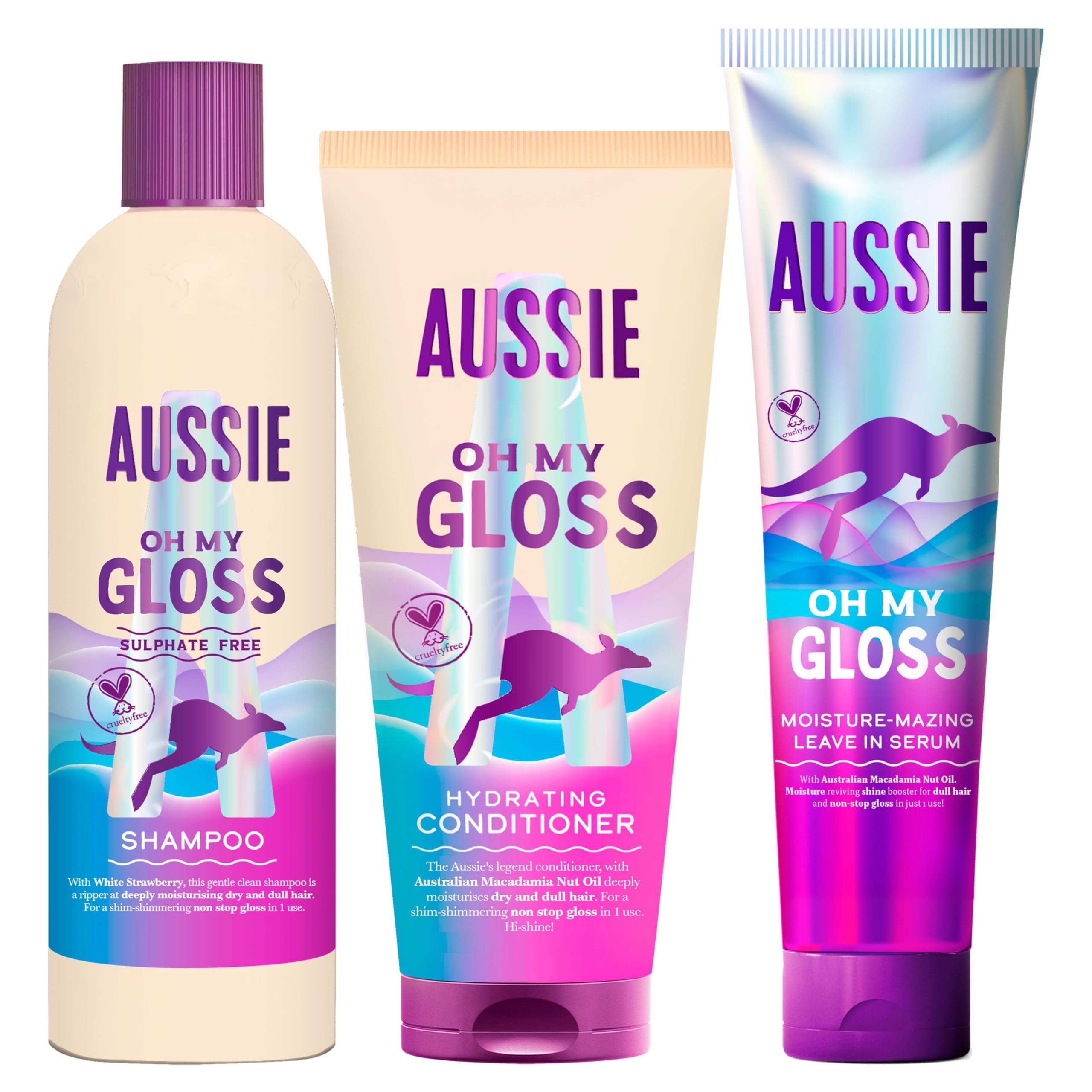 Aussie Oh My Gloss Champú 300ml + Acondicionador 200ml + Sérum Sin Aclarado 160ml + Hidrata Profundamente el Pelo Seco y