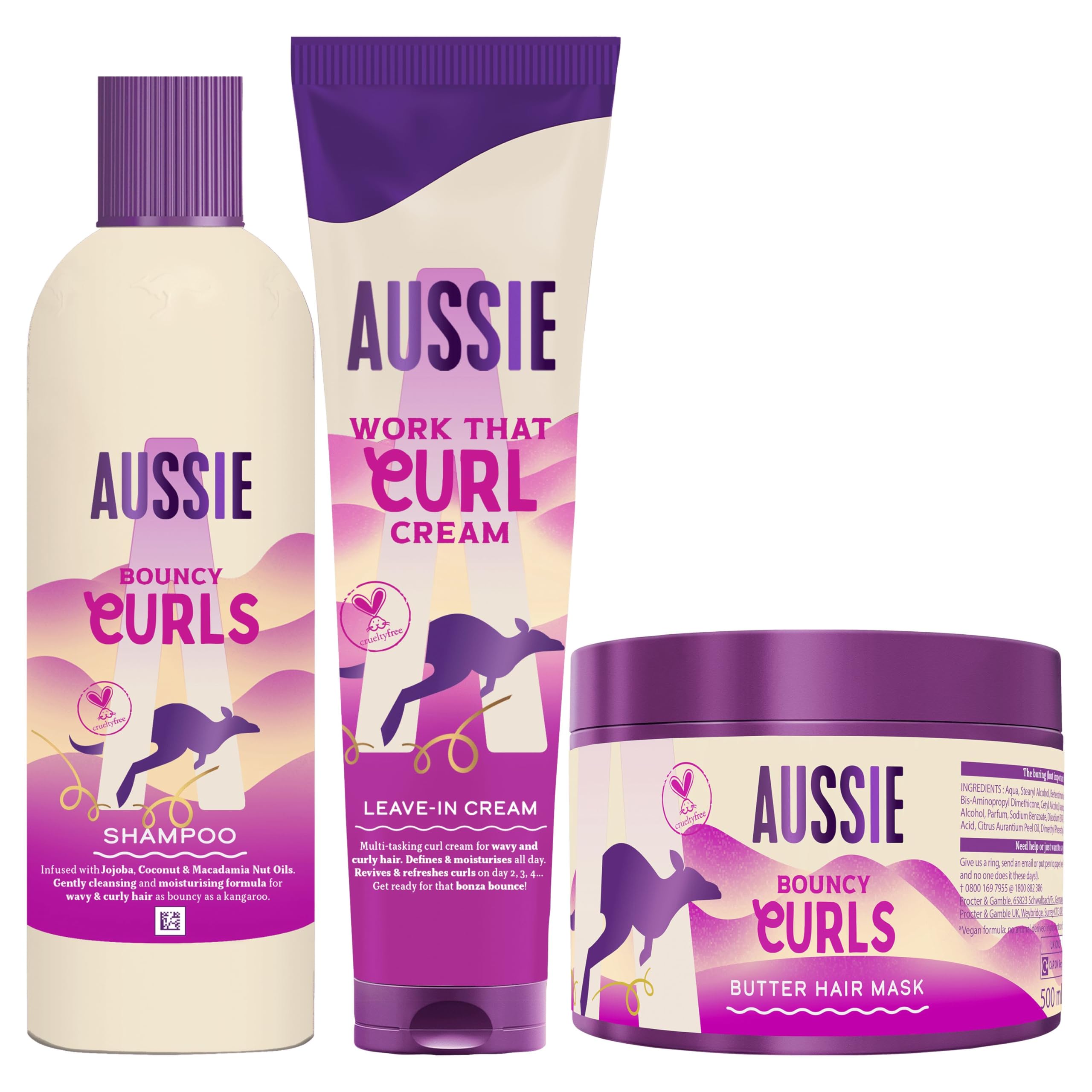 Aussie Bouncy Curls Champú 300ml + Mascarilla 500ml + Crema 160ml. Hidrata el Pelo. Con Aceites de Jojoba, Coco y Macada